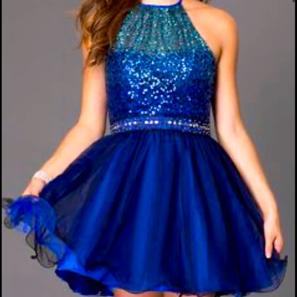 Blue Ombré Prom Dress with a black sheer overlay
